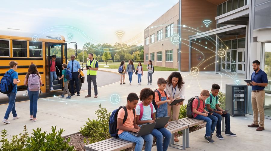 Students stepping off a school bus and using laptops and tablets outside their school while a teacher helps