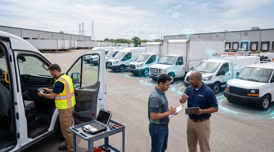 Technicians installing connected devices in a fleet of work vans while two colleagues review the plan