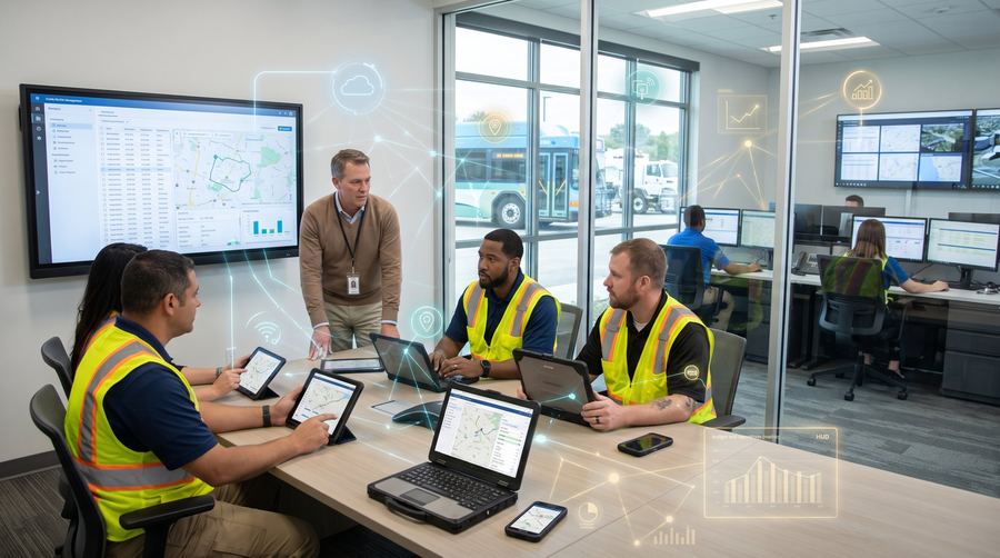 Public works crew and a supervisor reviewing routes and fleet data on tablets, rugged laptops and a wall display