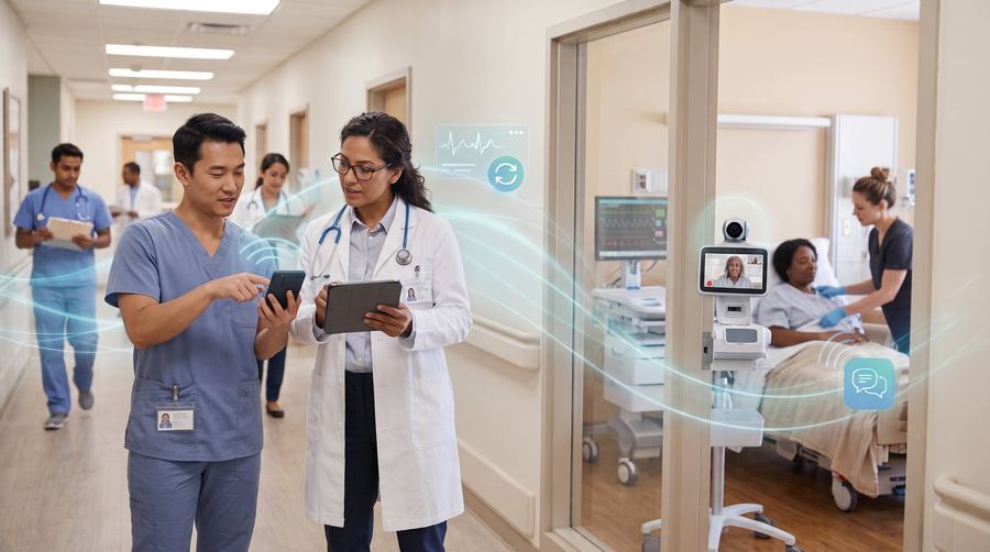 A nurse and a doctor reviewing information on a phone and tablet in a hospital corridor, with a patient room visible behind them