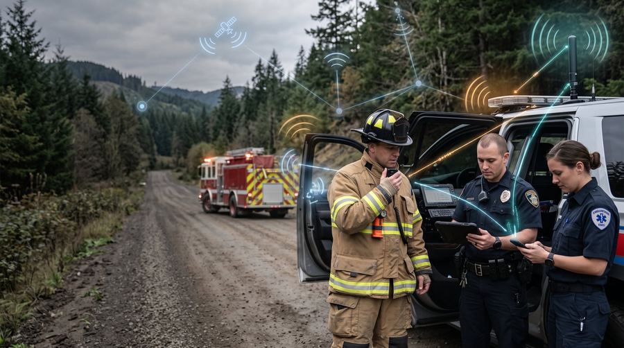 A firefighter on the radio with a police officer and an EMS medic on a remote forest road, with a fire engine in the background