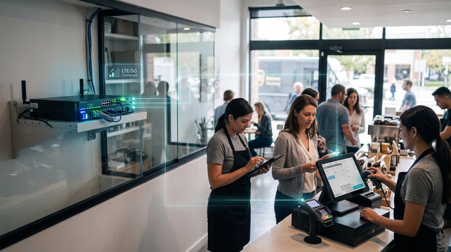 Store staff serving customers at the register while a wall-mounted LTE/5G router keeps the shop connected